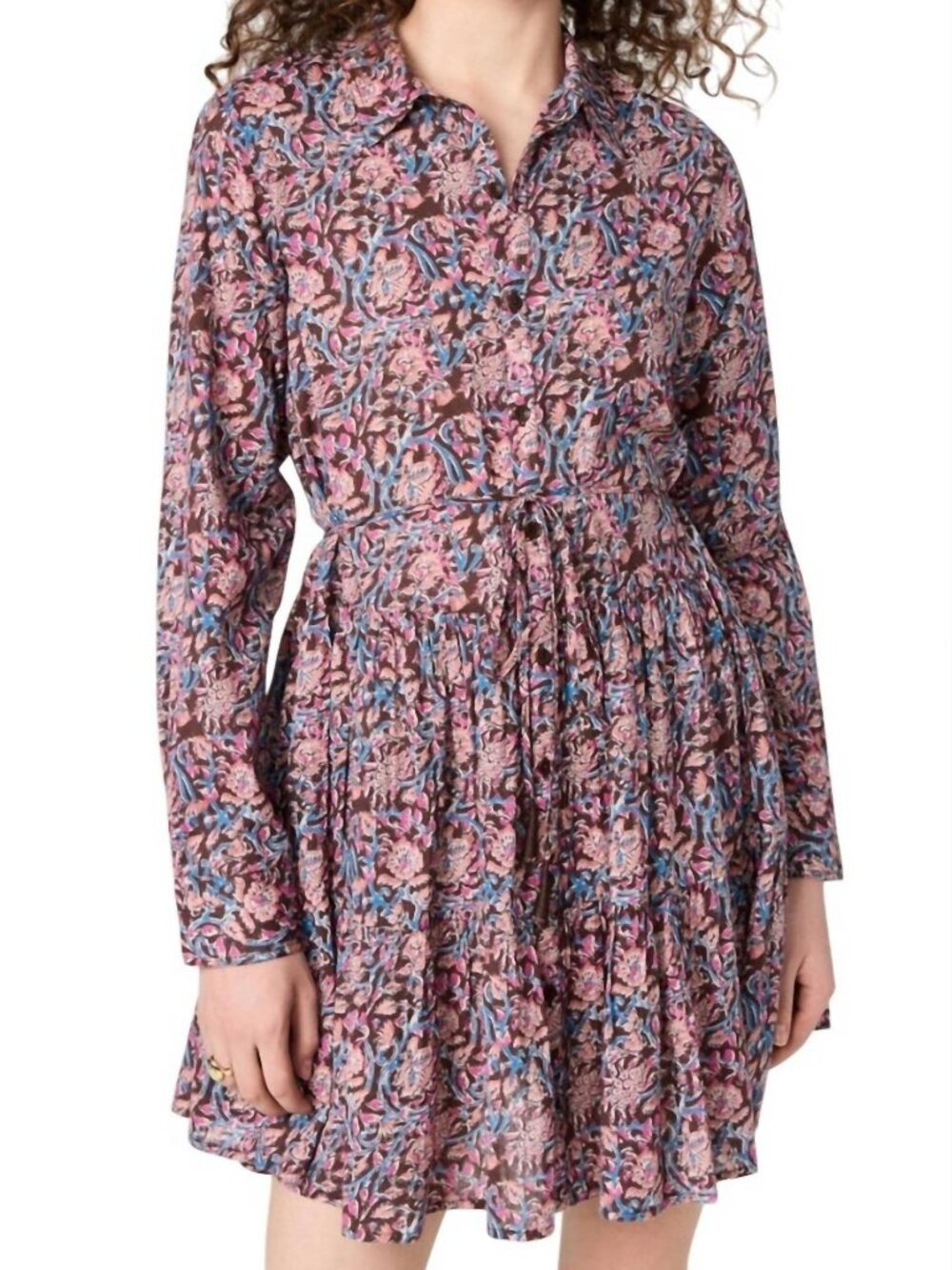 New Apiece Apart Anna Cotton Paisley Tiered Mini Shirtdress Brown Pink XS $385